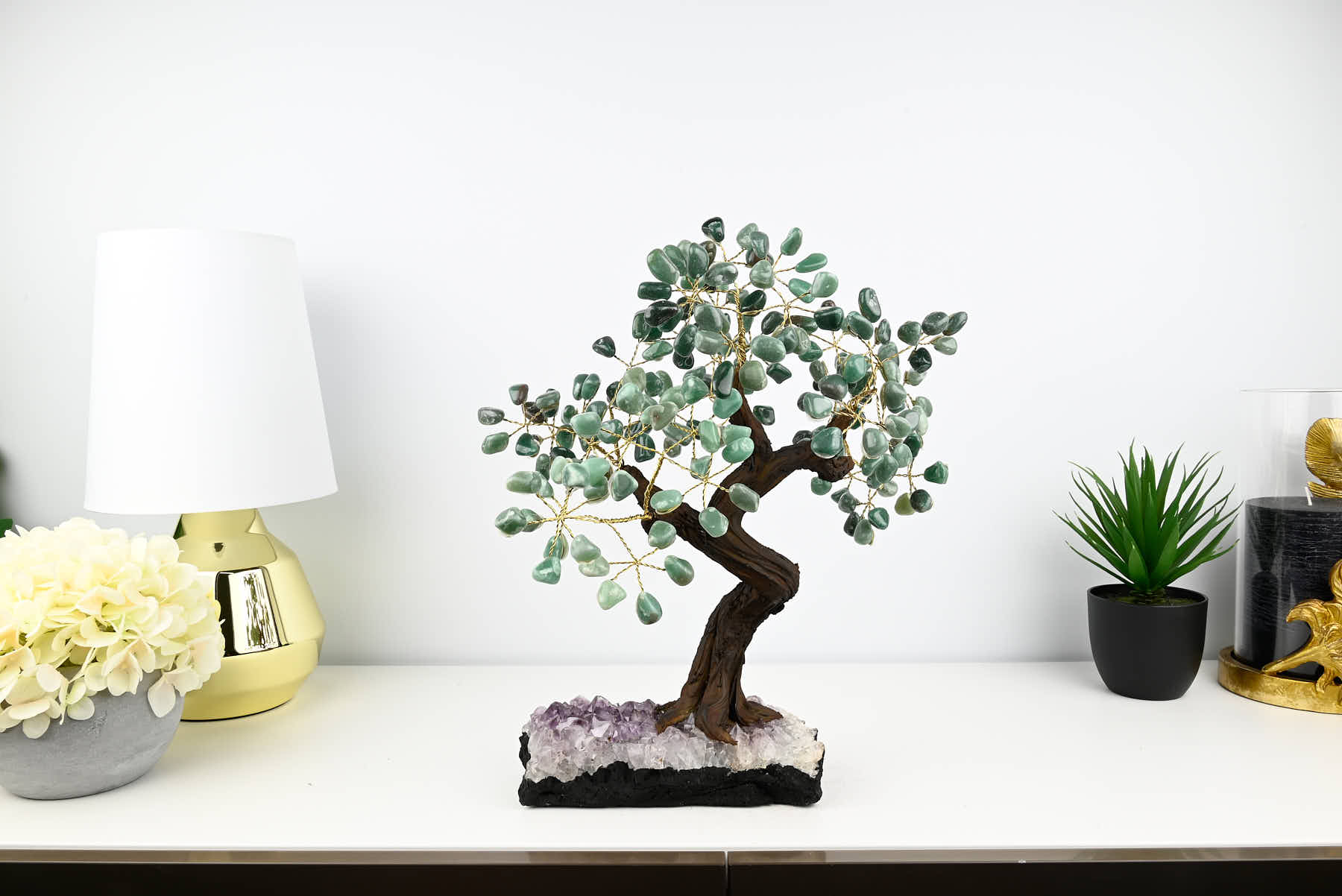 Handmade 38cm Tall Gemstone Tree with Amethyst base and 180 Green Quartz gems - #TRGREE-36004