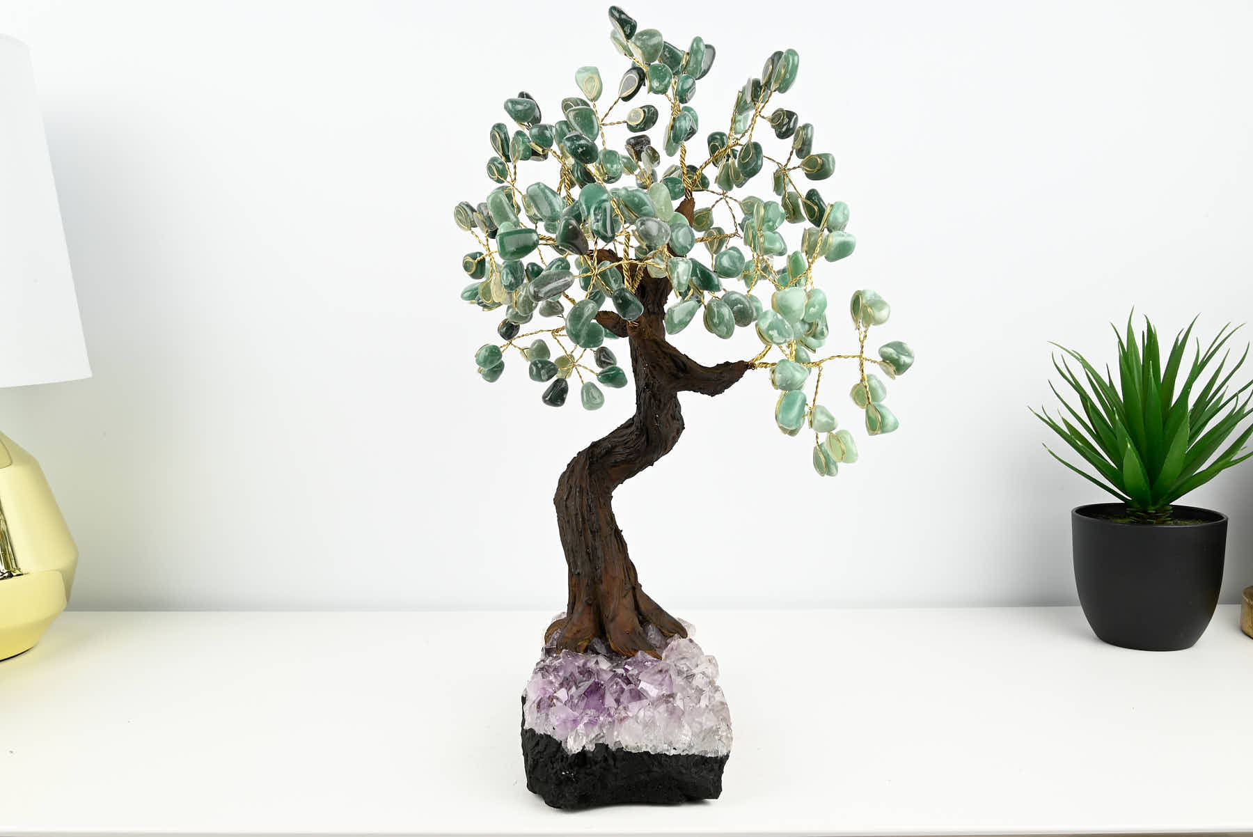 Handmade 38cm Tall Gemstone Tree with Amethyst base and 180 Green Quartz gems - #TRGREE-36004