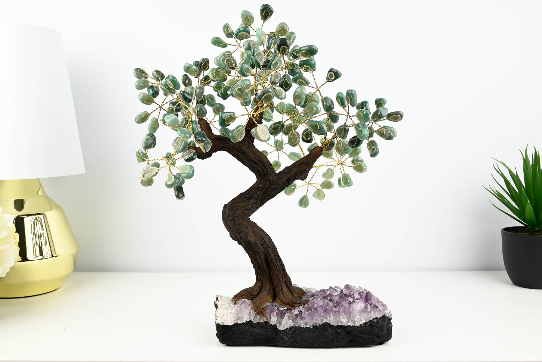 Handmade 38cm Tall Gemstone Tree with Amethyst base and 180 Green Quartz gems - #TRGREE-36004