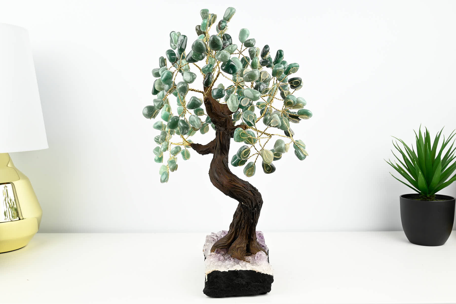 Handmade 38cm Tall Gemstone Tree with Amethyst base and 180 Green Quartz gems - #TRGREE-36004