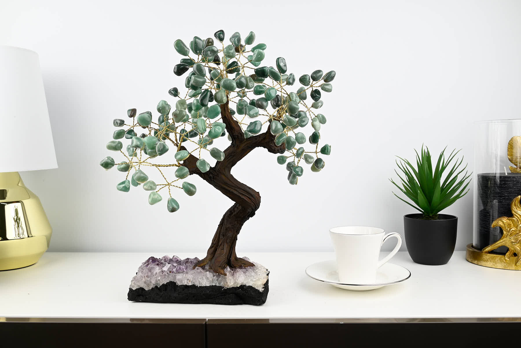 Handmade 38cm Tall Gemstone Tree with Amethyst base and 180 Green Quartz gems - #TRGREE-36004