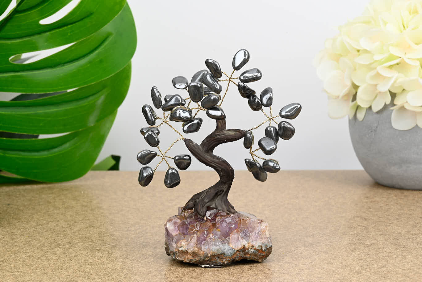 Handmade 13cm Tall Gemstone Tree with Amethyst base and 35 gems