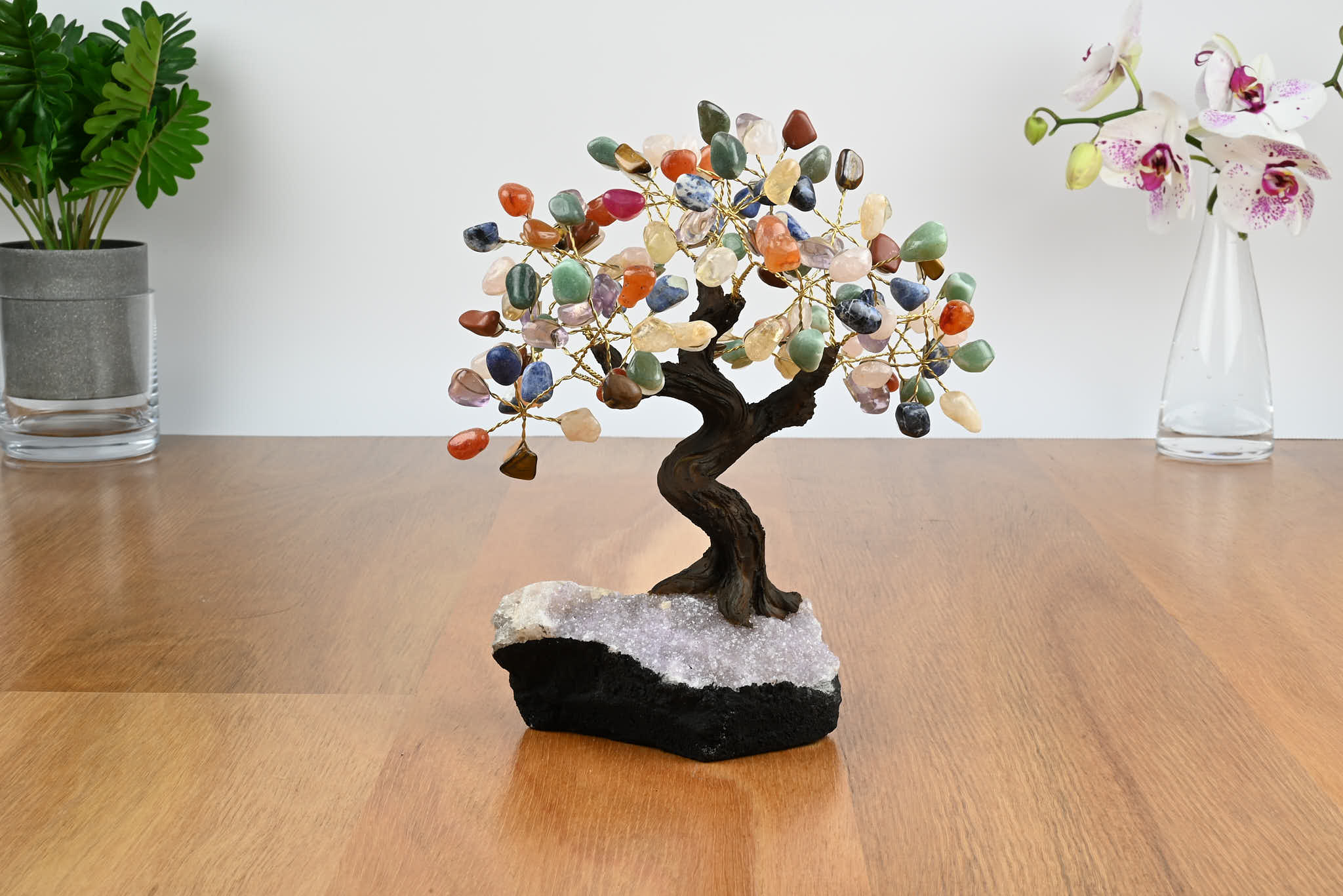 Handmade 25cm Tall Gemstone Tree with Amethyst base and 120 gems