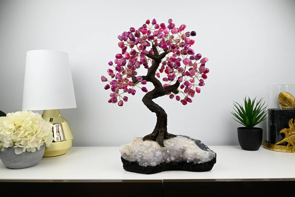 48cm Tall Gemstone Tree with Amethyst base and 240 Pink Agate gems - #TRPINK-43005