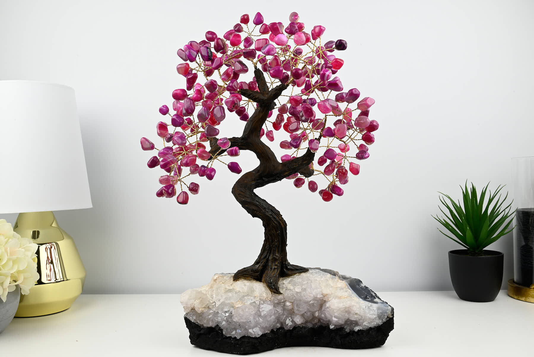 48cm Tall Gemstone Tree with Amethyst base and 240 Pink Agate gems - #TRPINK-43005