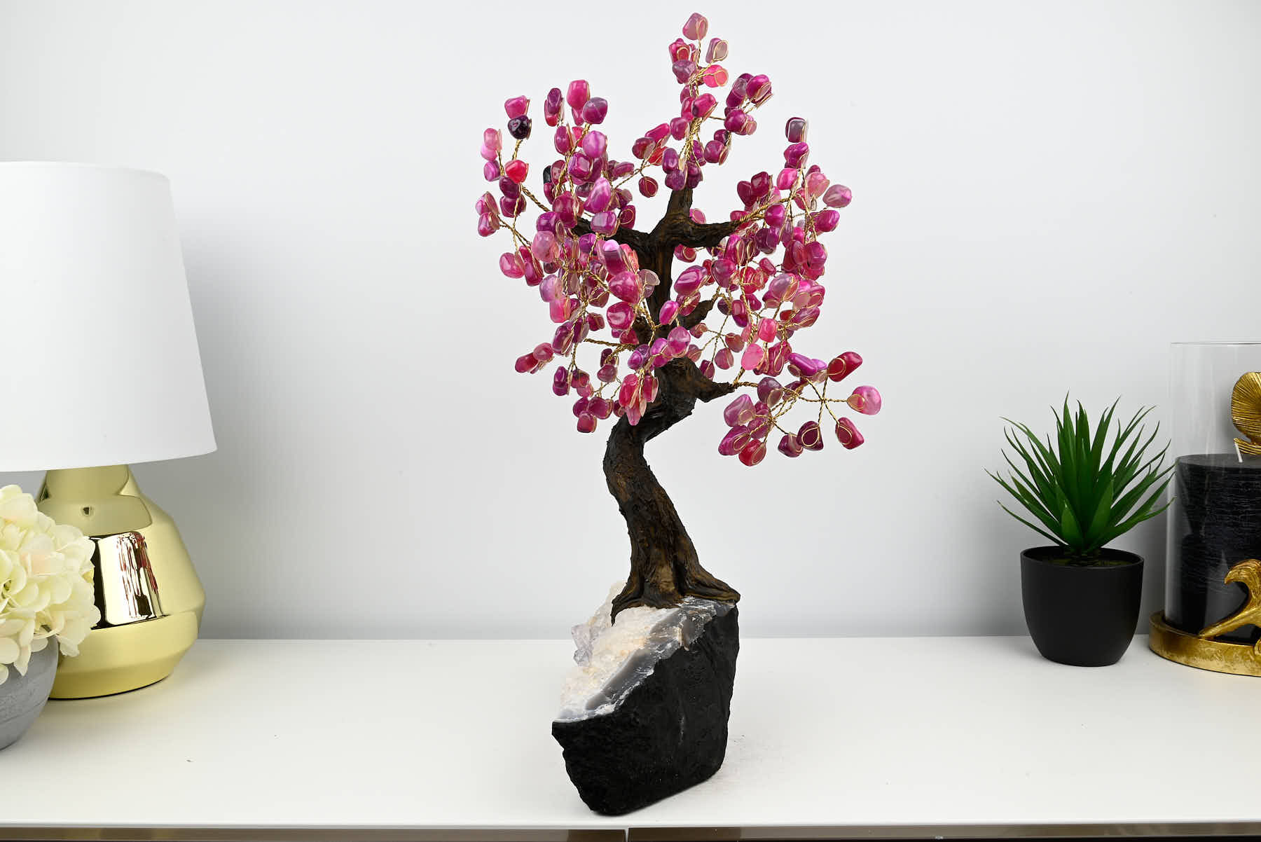 48cm Tall Gemstone Tree with Amethyst base and 240 Pink Agate gems - #TRPINK-43005