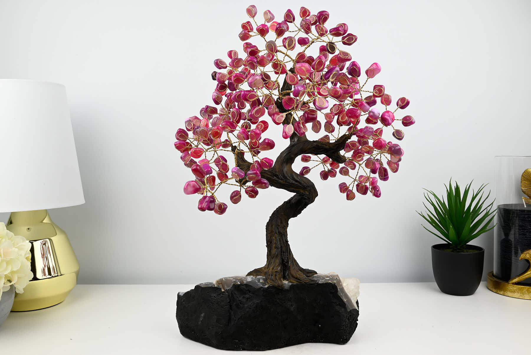 48cm Tall Gemstone Tree with Amethyst base and 240 Pink Agate gems - #TRPINK-43005