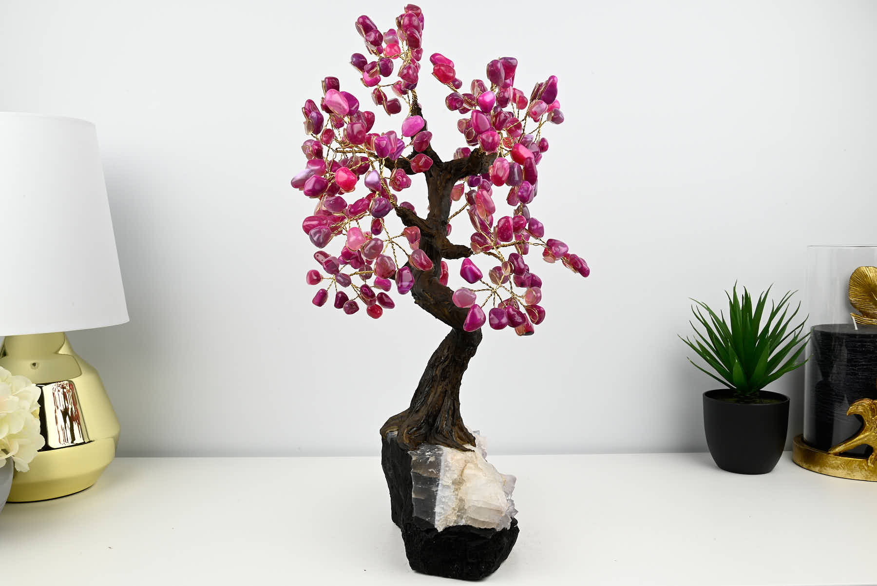 48cm Tall Gemstone Tree with Amethyst base and 240 Pink Agate gems - #TRPINK-43005