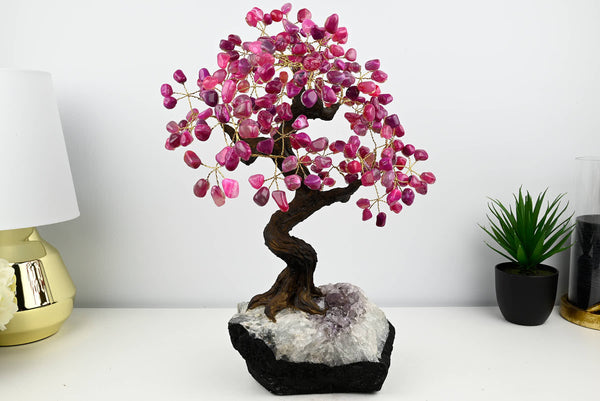 47cm Tall Gemstone Tree with Amethyst base and 240 Pink Agate gems - #TRPINK-43004