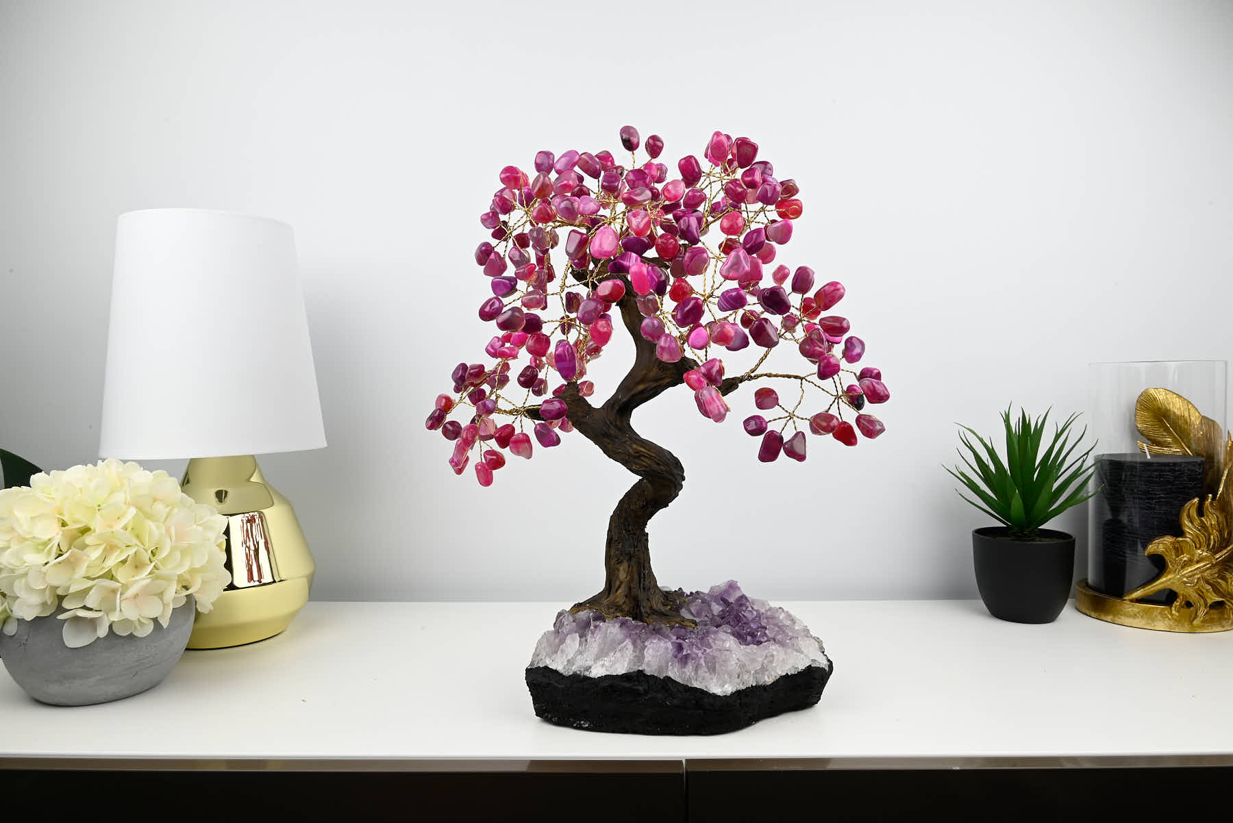 46cm Tall Gemstone Tree with Amethyst base and 240 Pink Agate gems - #TRPINK-43003