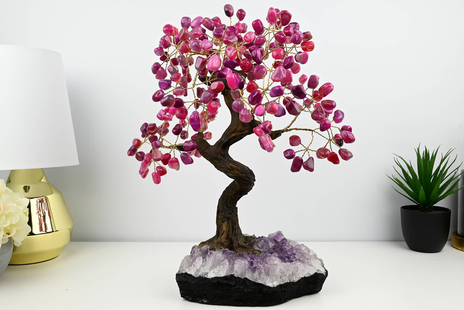 46cm Tall Gemstone Tree with Amethyst base and 240 Pink Agate gems - #TRPINK-43003