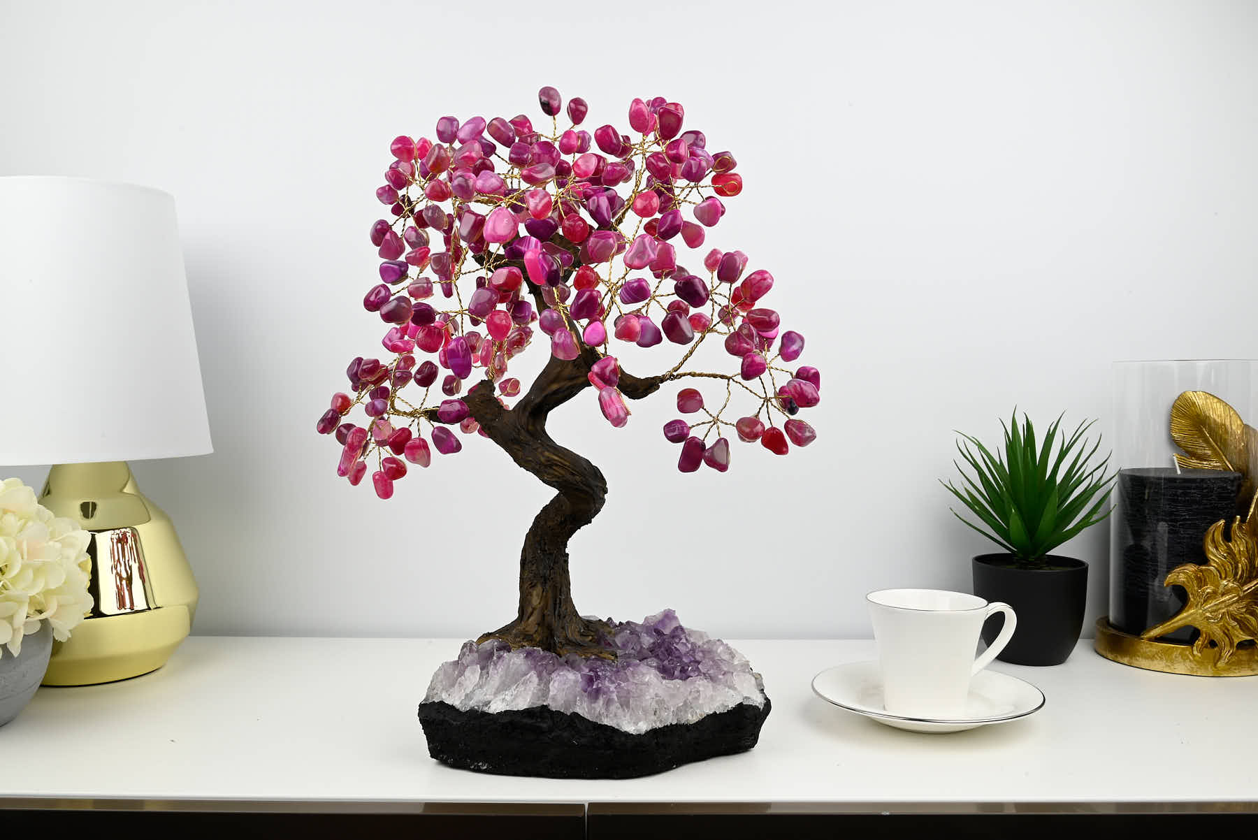 46cm Tall Gemstone Tree with Amethyst base and 240 Pink Agate gems - #TRPINK-43003