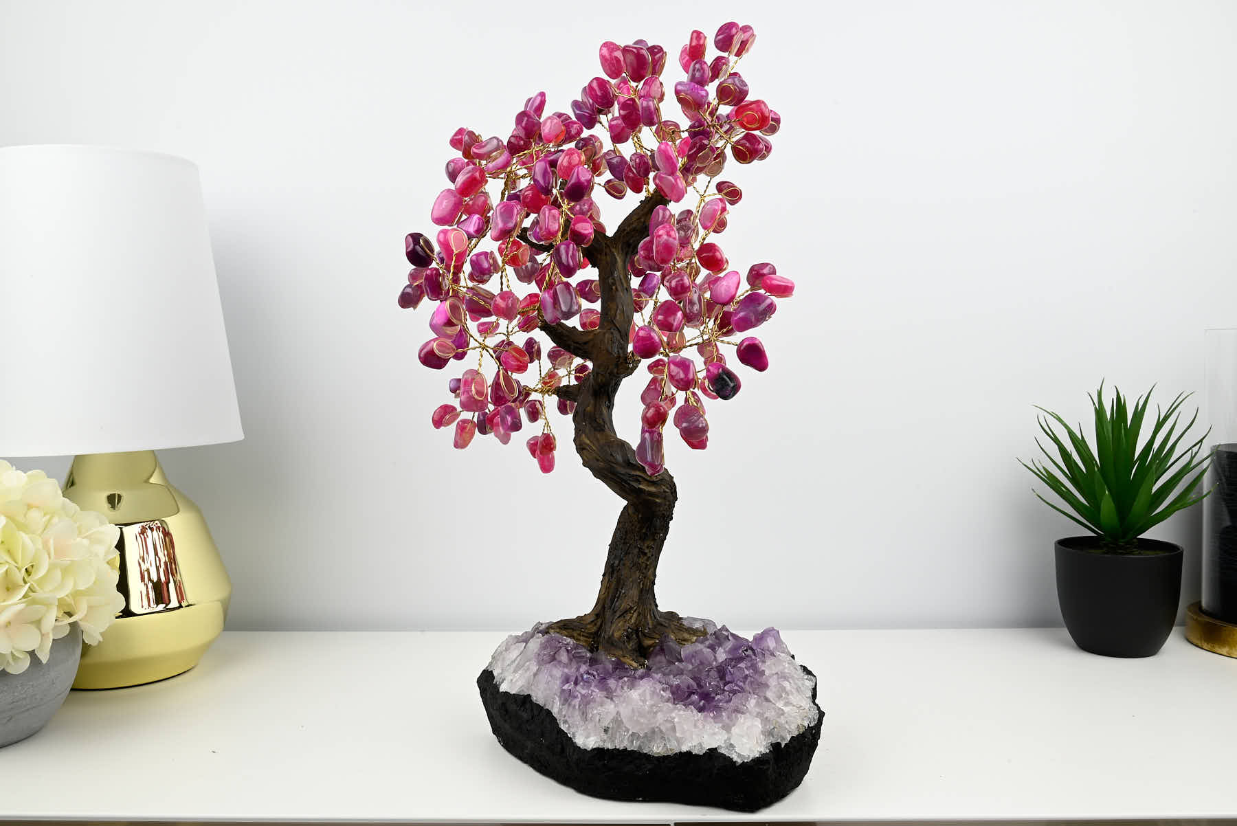 46cm Tall Gemstone Tree with Amethyst base and 240 Pink Agate gems - #TRPINK-43003