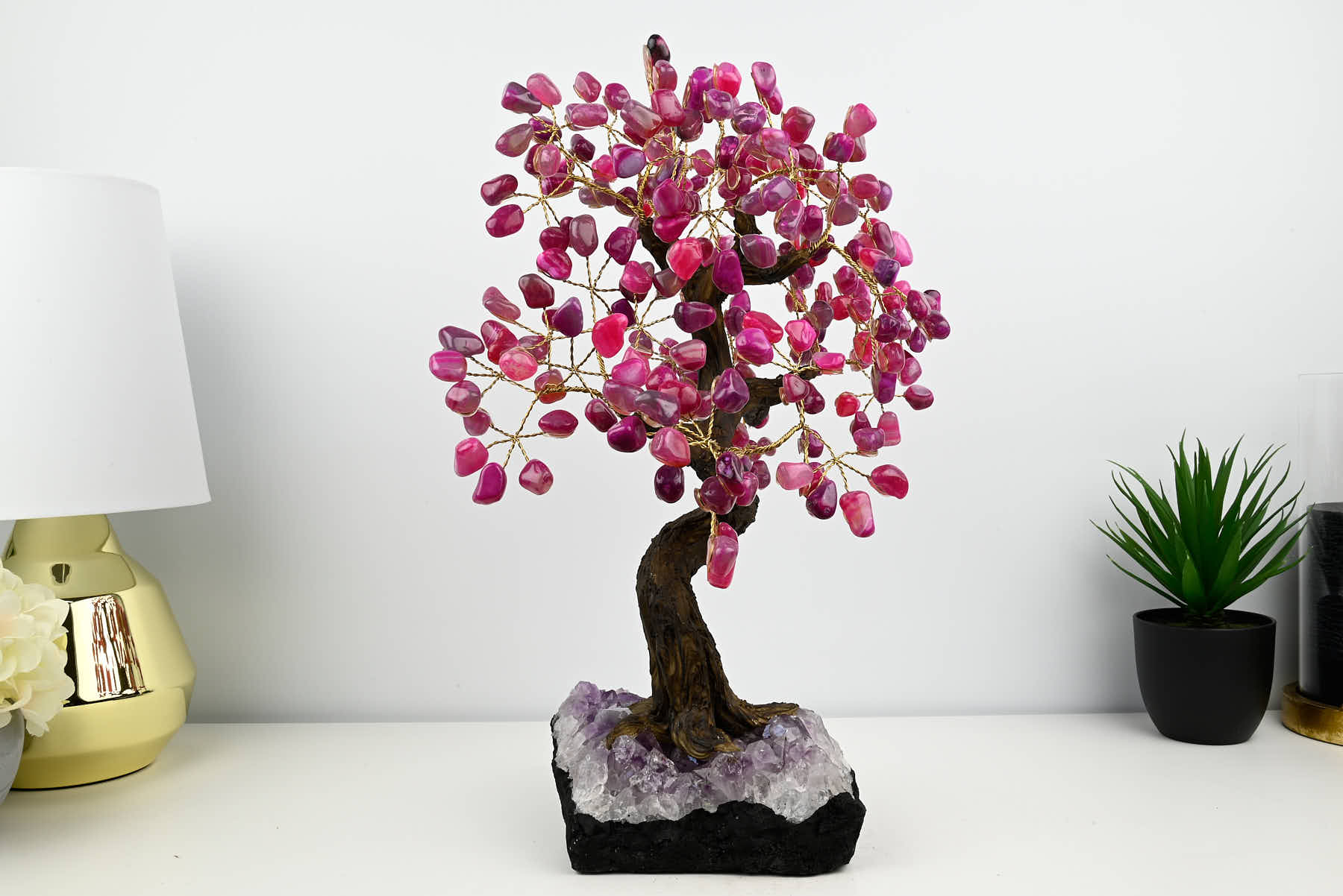 46cm Tall Gemstone Tree with Amethyst base and 240 Pink Agate gems - #TRPINK-43003