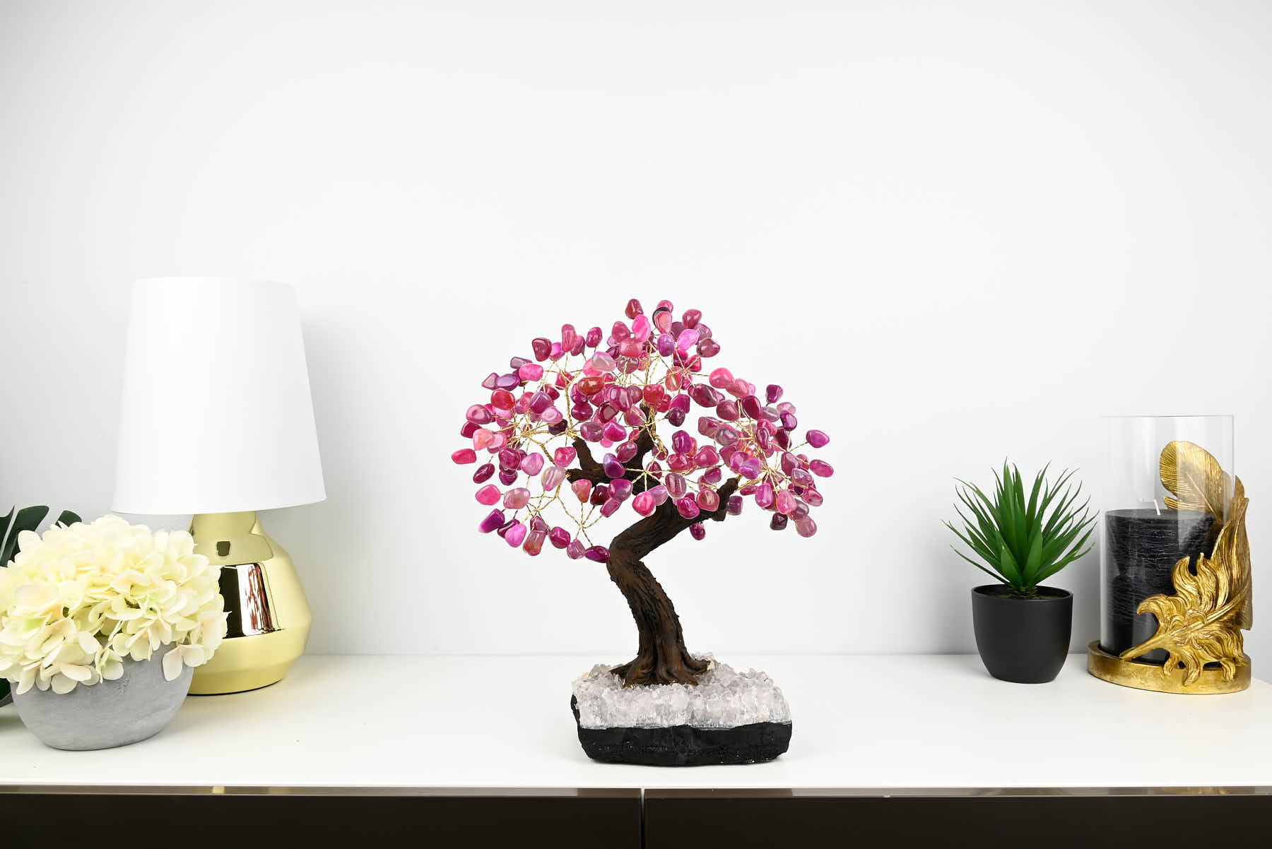 Handmade 37cm Tall Gemstone Tree with Amethyst base and 180 Pink Agate gems - #TRPINK-36002
