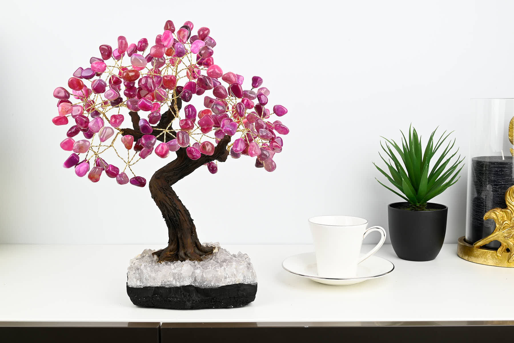 Handmade 37cm Tall Gemstone Tree with Amethyst base and 180 Pink Agate gems - #TRPINK-36002