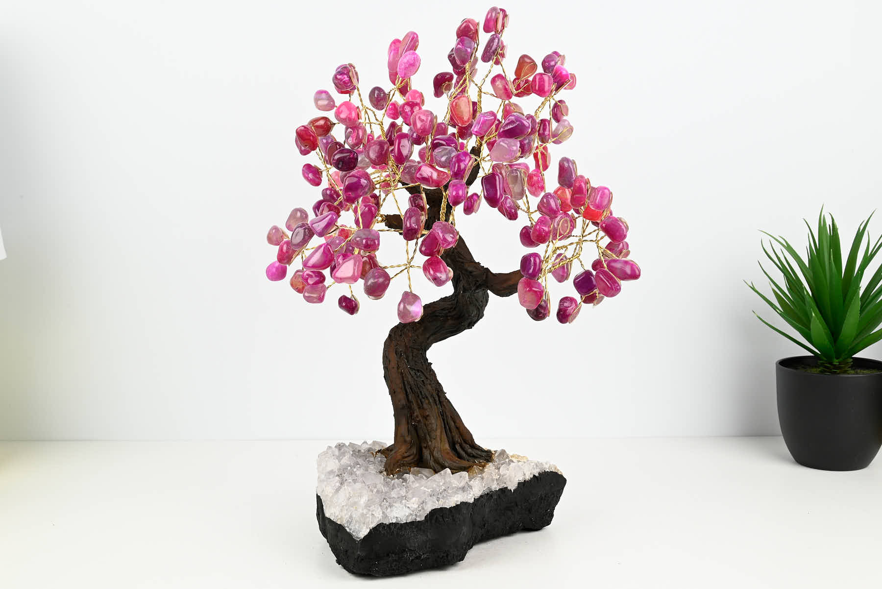 Handmade 37cm Tall Gemstone Tree with Amethyst base and 180 Pink Agate gems - #TRPINK-36002