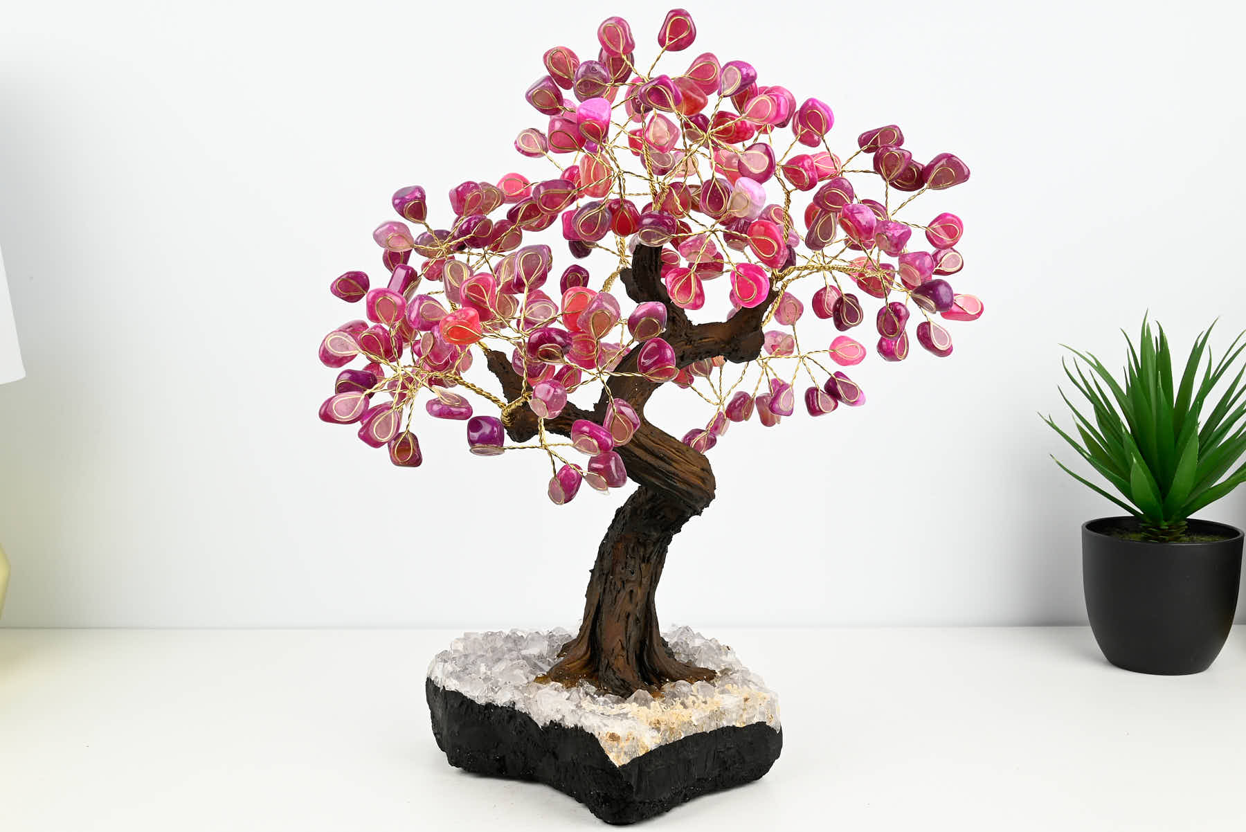 Handmade 37cm Tall Gemstone Tree with Amethyst base and 180 Pink Agate gems - #TRPINK-36002
