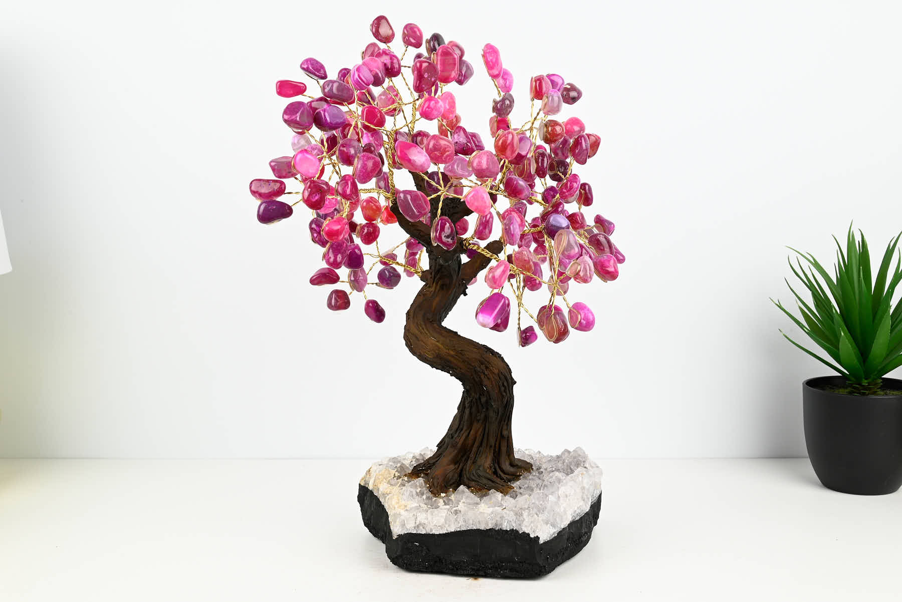 Handmade 37cm Tall Gemstone Tree with Amethyst base and 180 Pink Agate gems - #TRPINK-36002