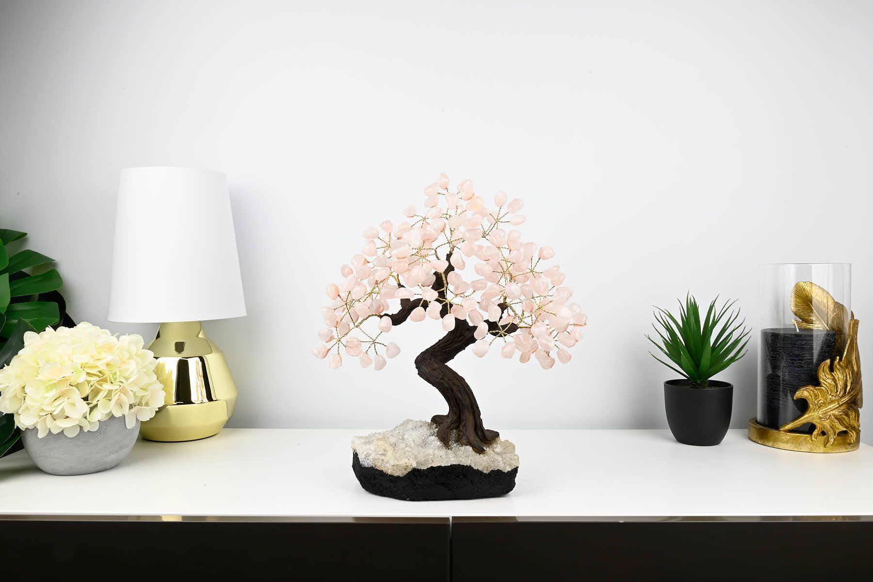 Handmade 37cm Tall Gemstone Tree with Amethyst base and 180 Rose Quartz gems - #TRROSE-36001