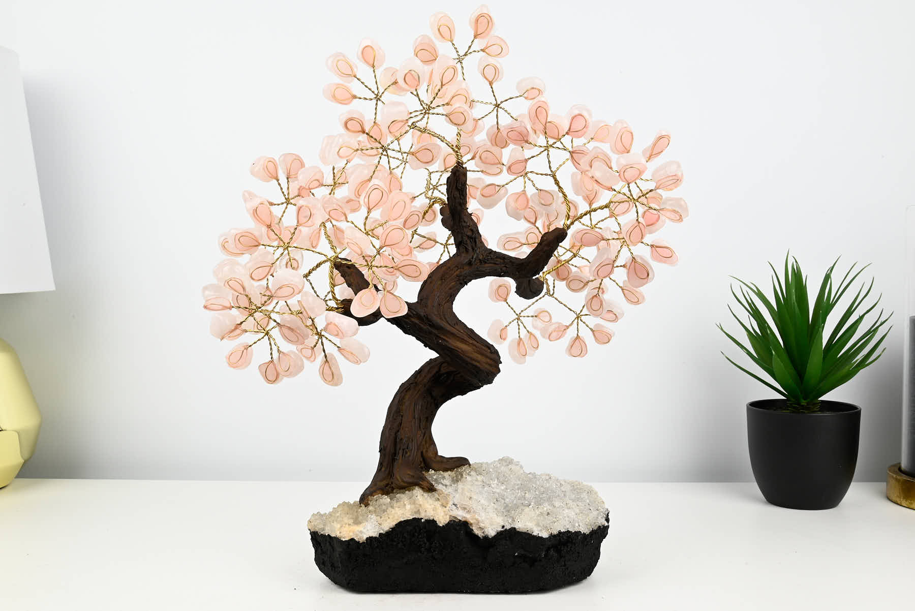 Handmade 37cm Tall Gemstone Tree with Amethyst base and 180 Rose Quartz gems - #TRROSE-36001
