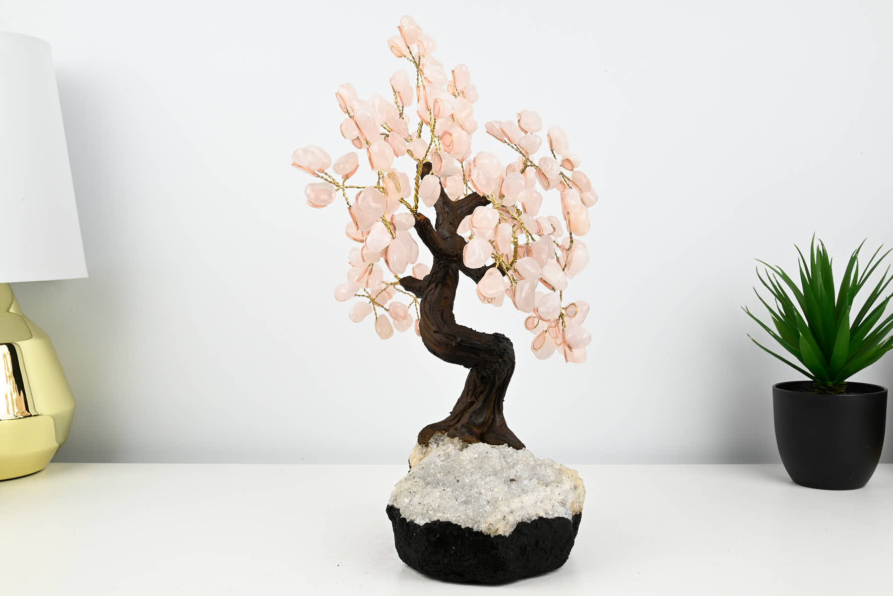 Handmade 37cm Tall Gemstone Tree with Amethyst base and 180 Rose Quartz gems - #TRROSE-36001