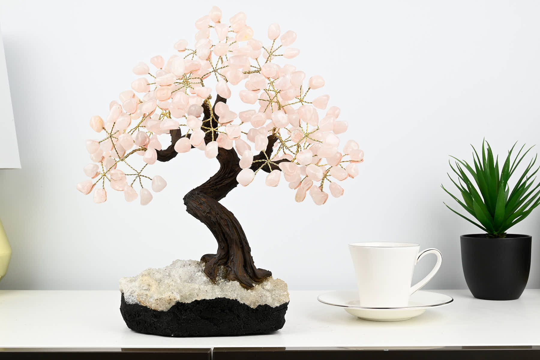 Handmade 37cm Tall Gemstone Tree with Amethyst base and 180 Rose Quartz gems - #TRROSE-36001