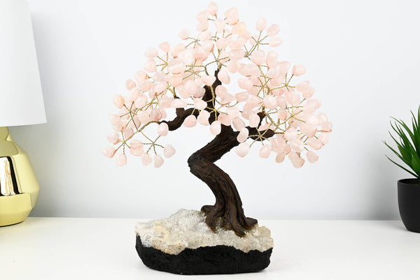 Handmade 37cm Tall Gemstone Tree with Amethyst base and 180 Rose Quartz gems - #TRROSE-36001