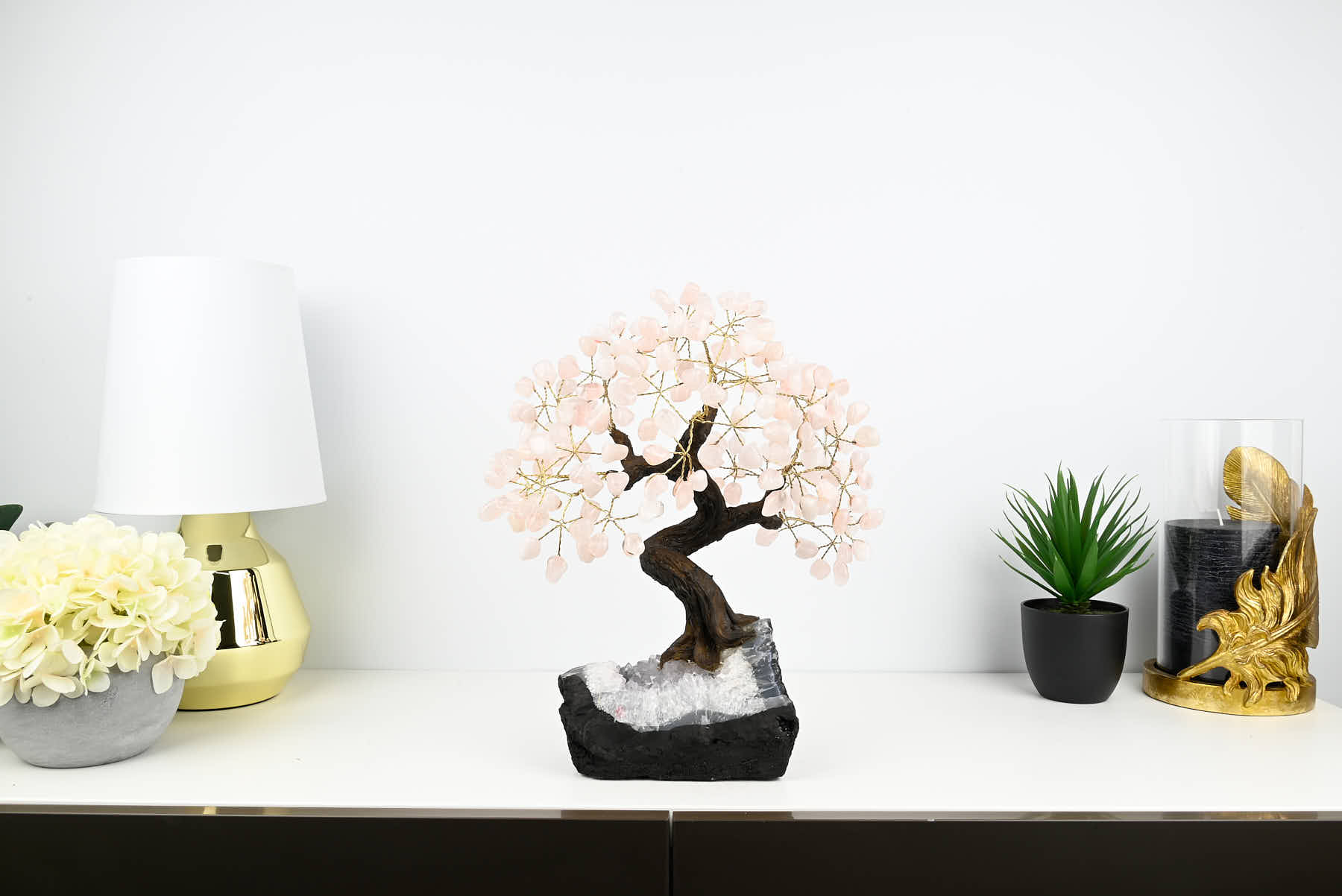 Handmade 37cm Tall Gemstone Tree with Amethyst base and 180 Rose Quartz gems - #TRROSE-36003