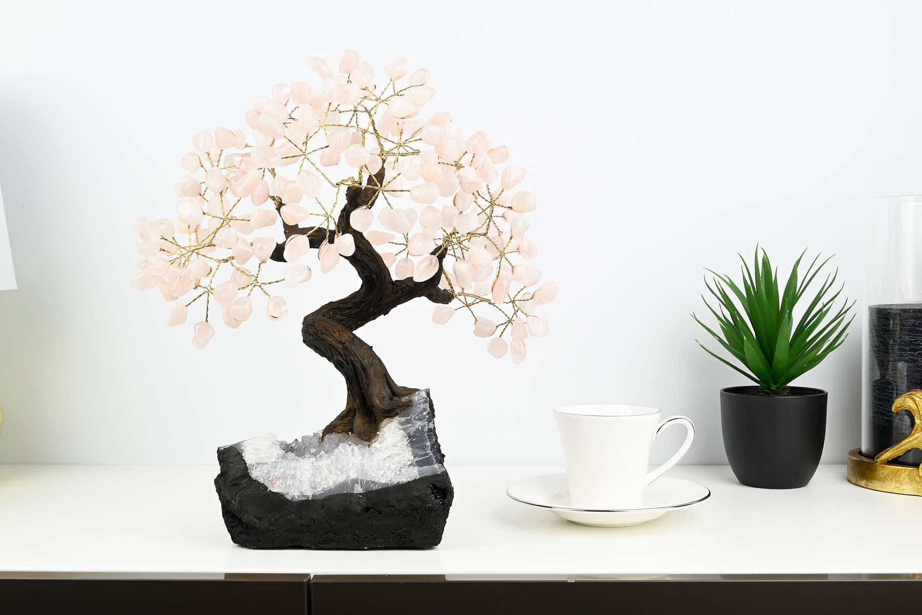 Handmade 37cm Tall Gemstone Tree with Amethyst base and 180 Rose Quartz gems - #TRROSE-36003