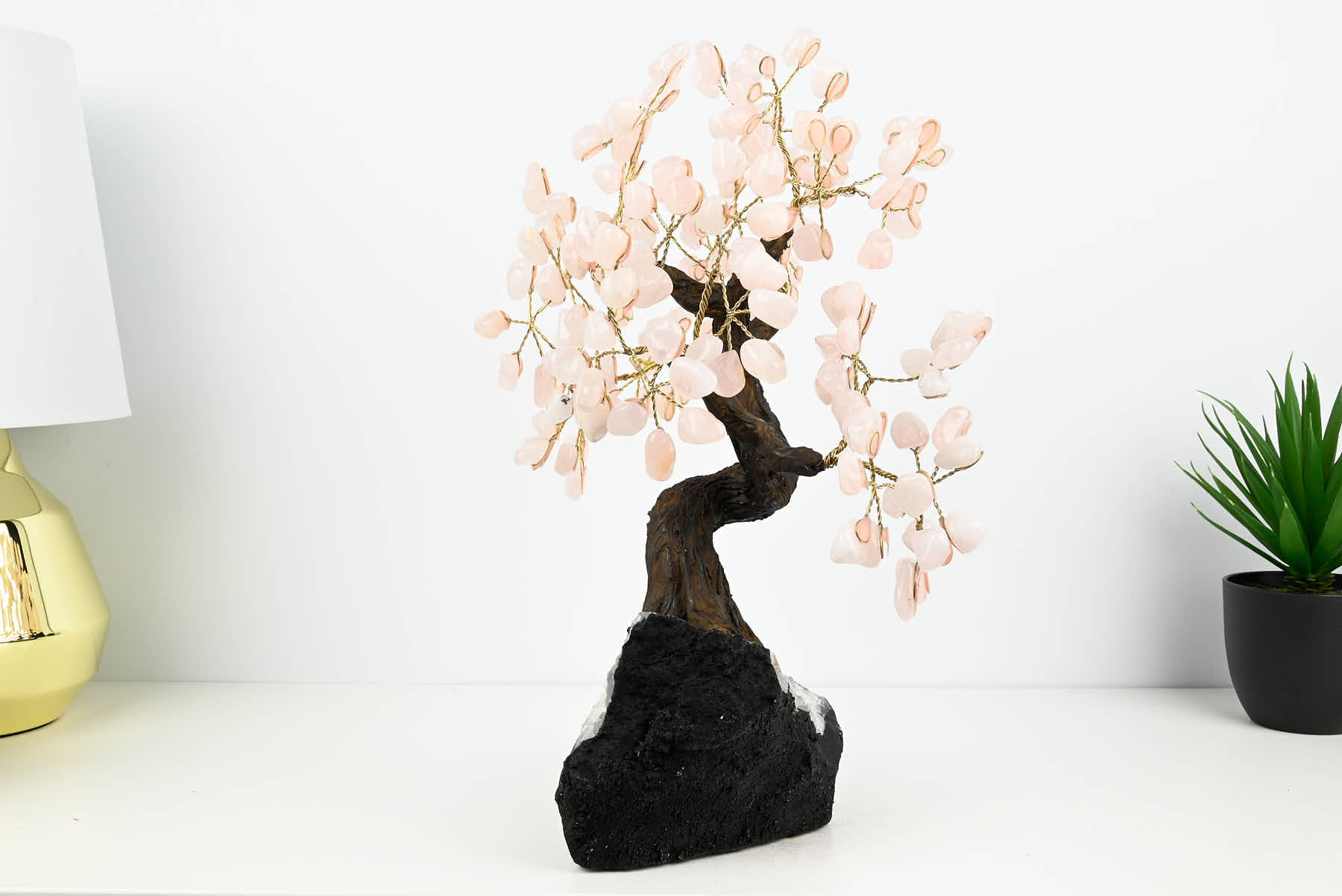 Handmade 37cm Tall Gemstone Tree with Amethyst base and 180 Rose Quartz gems - #TRROSE-36003