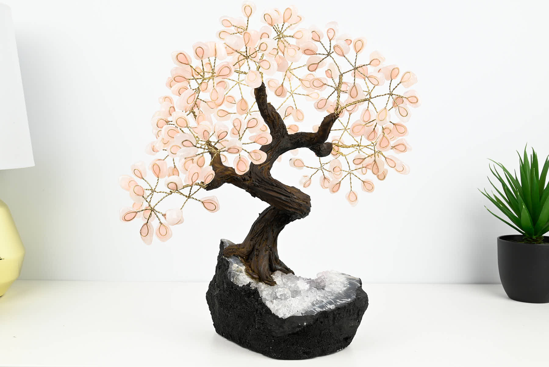 Handmade 37cm Tall Gemstone Tree with Amethyst base and 180 Rose Quartz gems - #TRROSE-36003