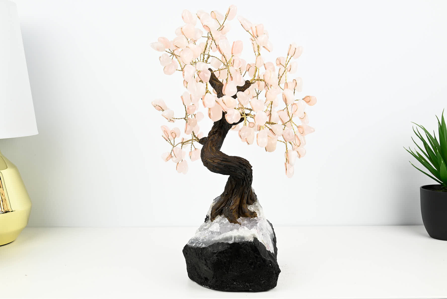 Handmade 37cm Tall Gemstone Tree with Amethyst base and 180 Rose Quartz gems - #TRROSE-36003