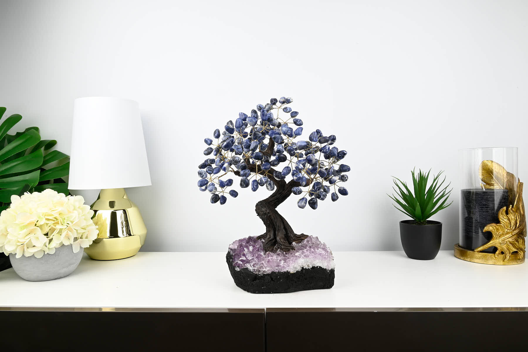 Handmade 37cm Tall Gemstone Tree with Amethyst base and 180 Sodalite gems - #TRSODA-36001