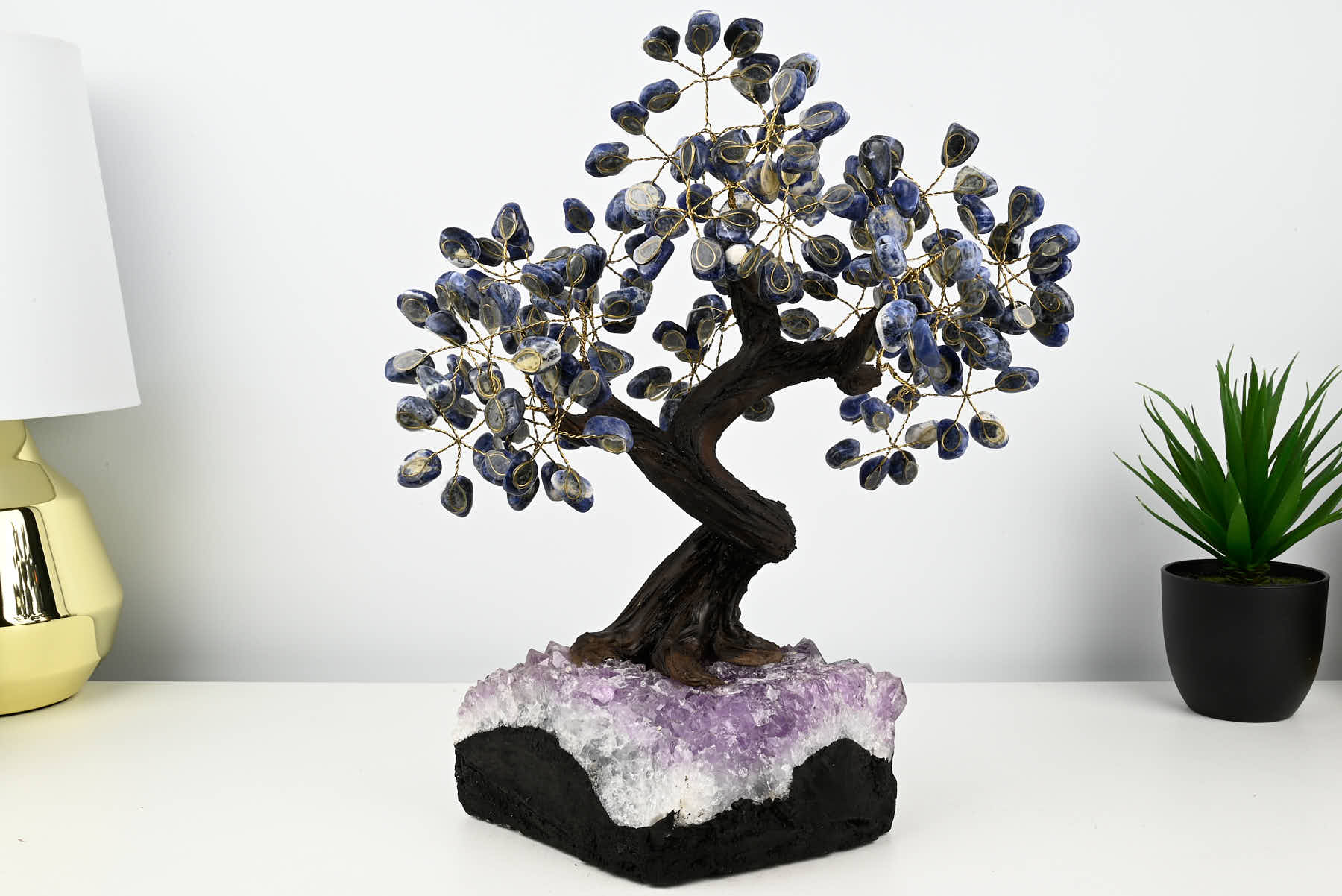 Handmade 37cm Tall Gemstone Tree with Amethyst base and 180 Sodalite gems - #TRSODA-36001