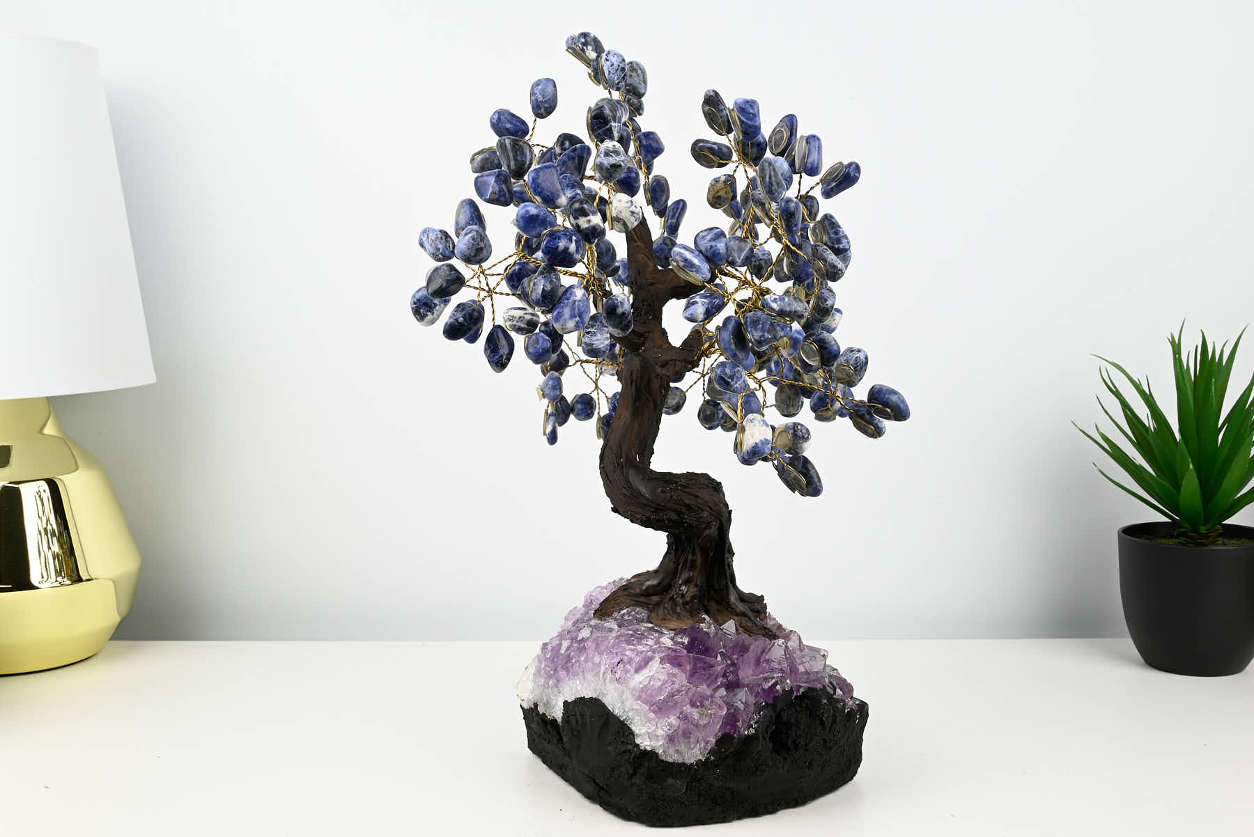 Handmade 37cm Tall Gemstone Tree with Amethyst base and 180 Sodalite gems - #TRSODA-36001