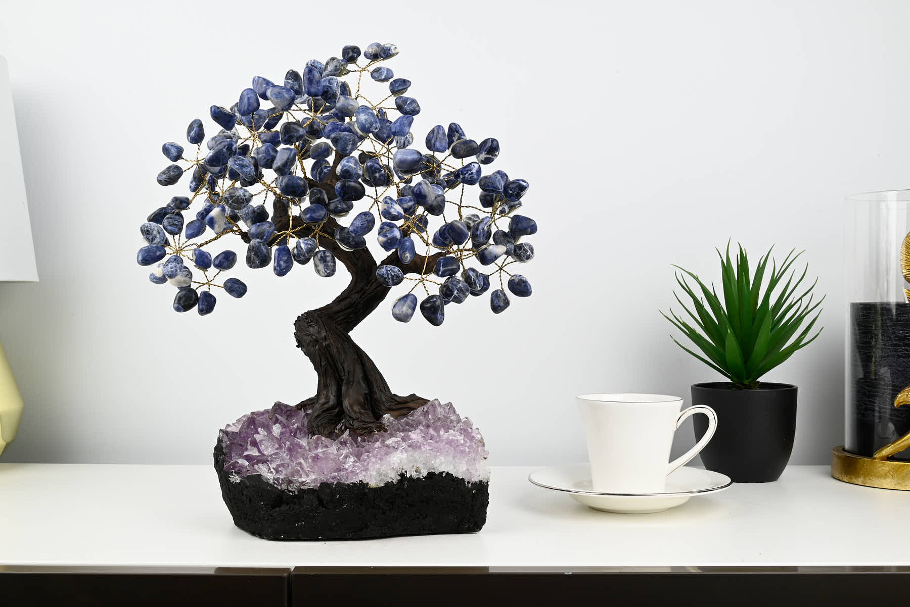 Handmade 37cm Tall Gemstone Tree with Amethyst base and 180 Sodalite gems - #TRSODA-36001