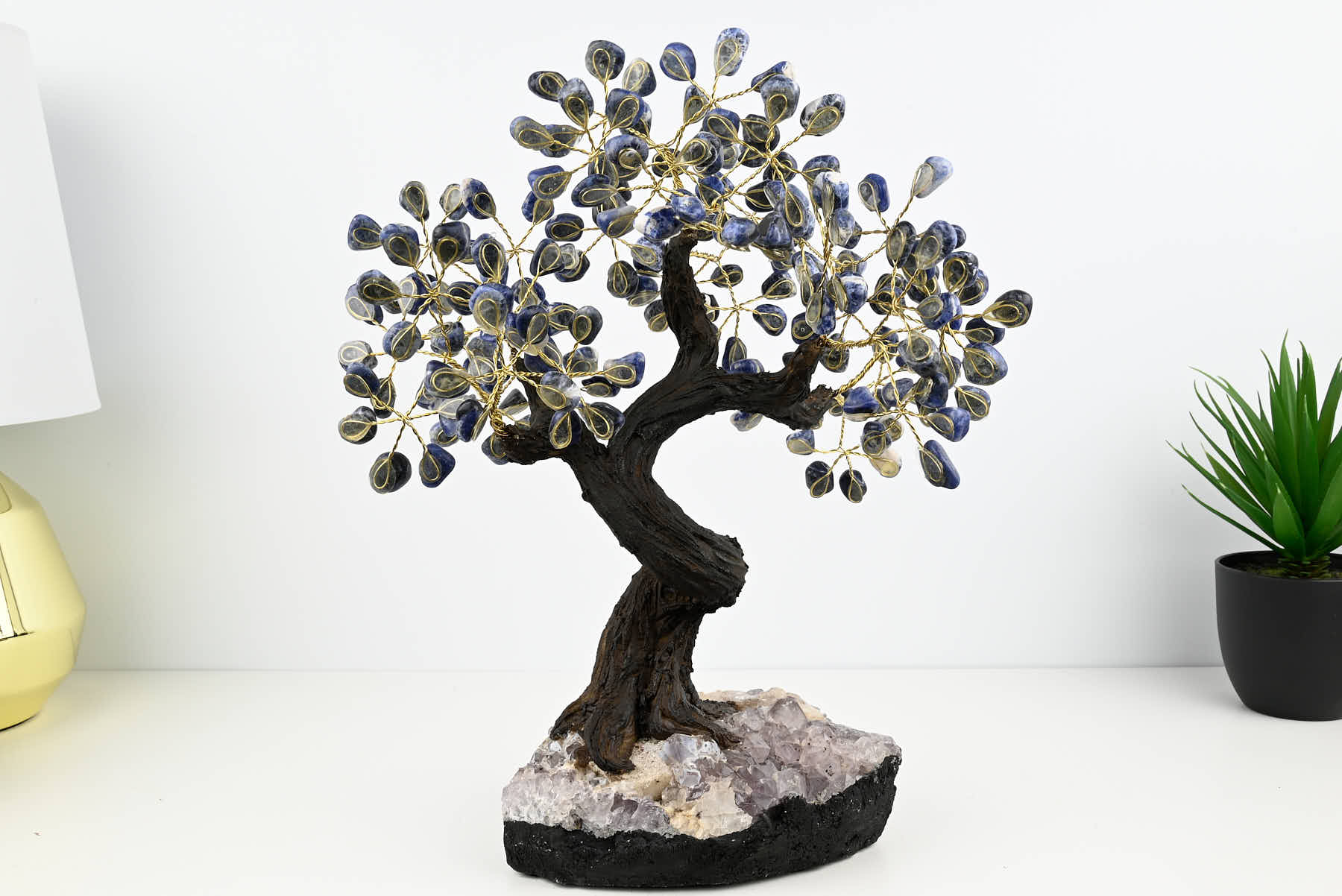 Handmade 35cm Tall Gemstone Tree with Amethyst base and 180 Sodalite gems - #TRSODA-36005