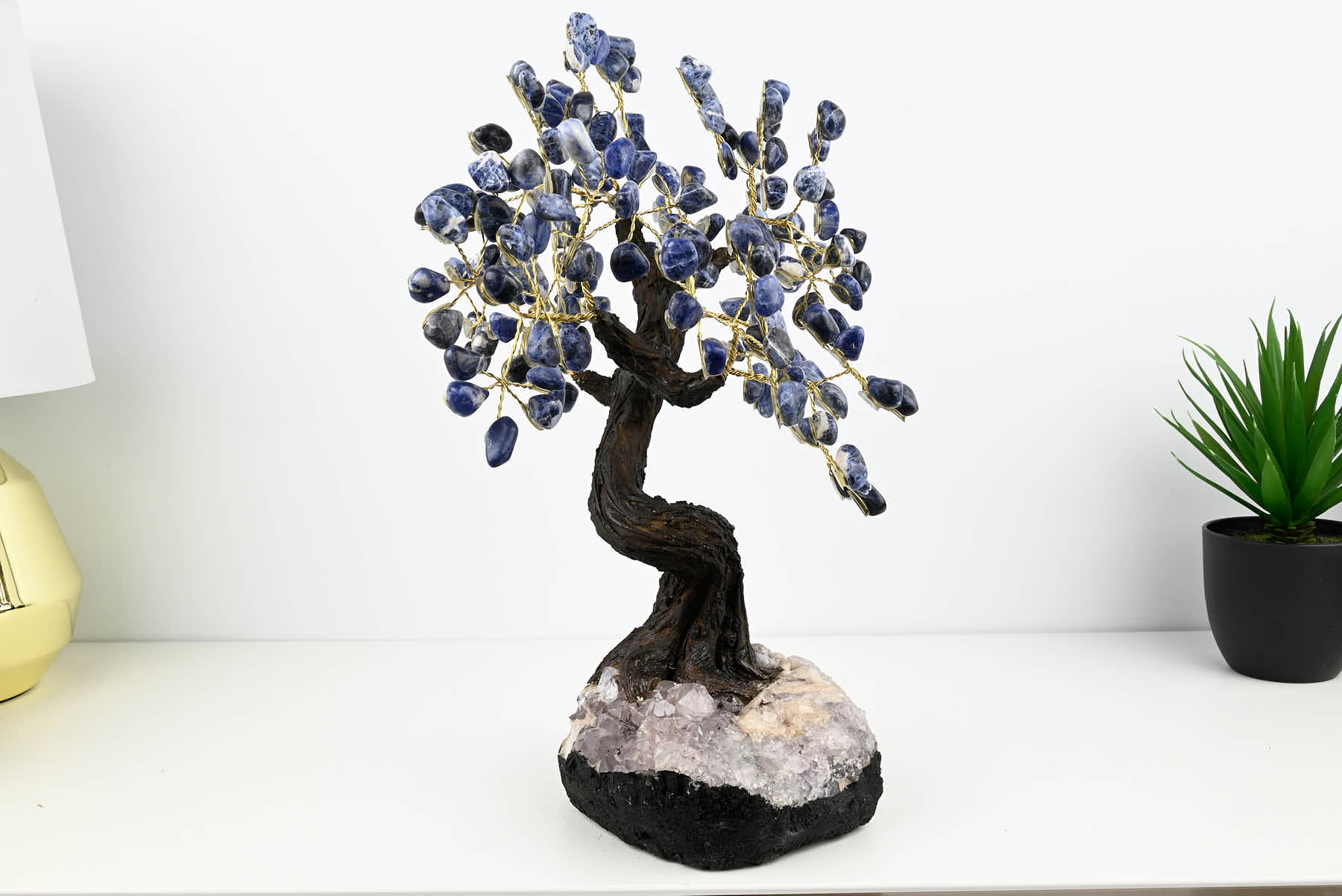 Handmade 35cm Tall Gemstone Tree with Amethyst base and 180 Sodalite gems - #TRSODA-36005