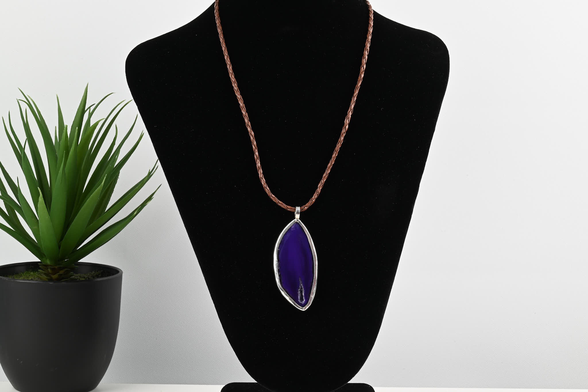 Agate and Sterling Silver on Leather Necklace, "Serene Lilac" - JWL-50020